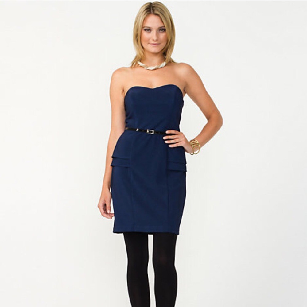 Ottoman Ribbed Navy Blue Peplum Dress with Belt